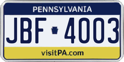 PA license plate JBF4003