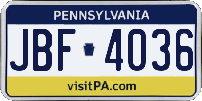 PA license plate JBF4036