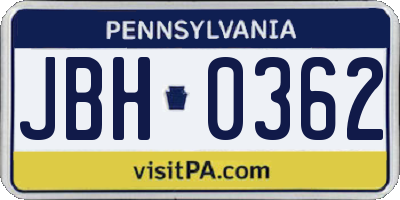 PA license plate JBH0362