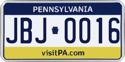 PA license plate JBJ0016