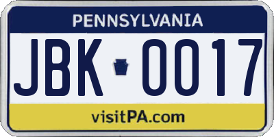 PA license plate JBK0017