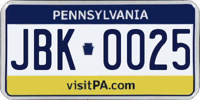 PA license plate JBK0025