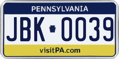 PA license plate JBK0039