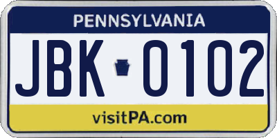 PA license plate JBK0102