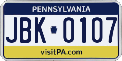 PA license plate JBK0107