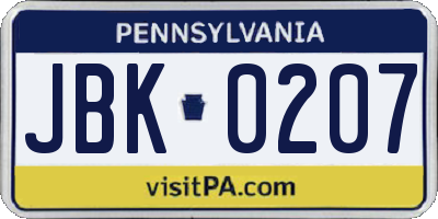 PA license plate JBK0207