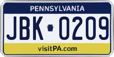 PA license plate JBK0209