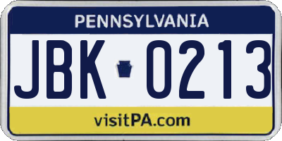 PA license plate JBK0213