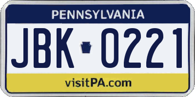 PA license plate JBK0221