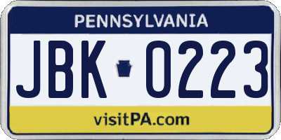 PA license plate JBK0223