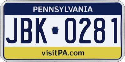PA license plate JBK0281