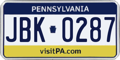 PA license plate JBK0287