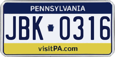 PA license plate JBK0316