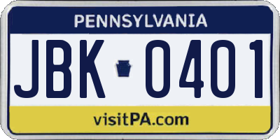 PA license plate JBK0401