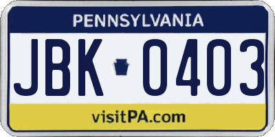 PA license plate JBK0403