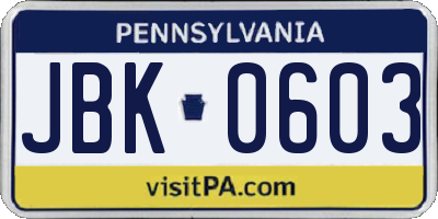 PA license plate JBK0603