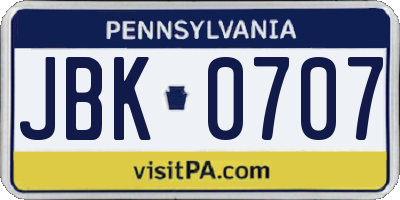 PA license plate JBK0707