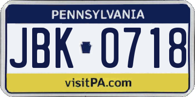 PA license plate JBK0718