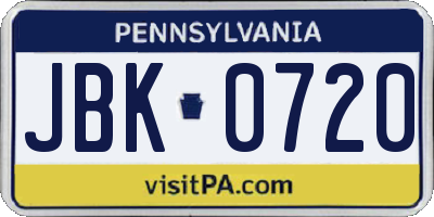 PA license plate JBK0720