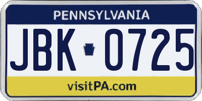 PA license plate JBK0725