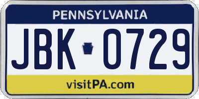 PA license plate JBK0729