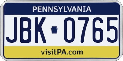 PA license plate JBK0765