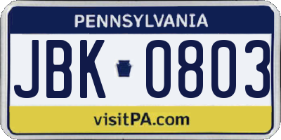 PA license plate JBK0803