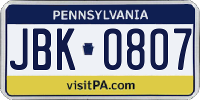 PA license plate JBK0807