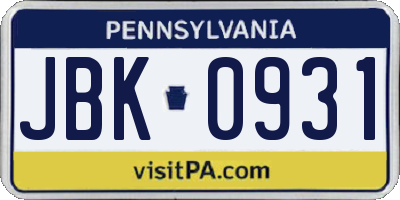 PA license plate JBK0931