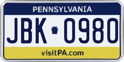 PA license plate JBK0980