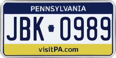 PA license plate JBK0989