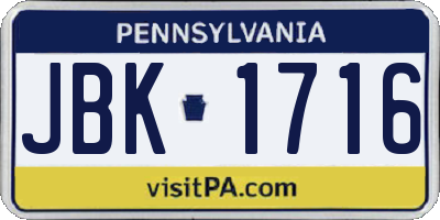 PA license plate JBK1716