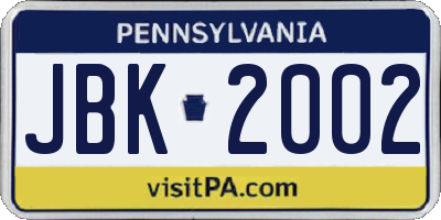 PA license plate JBK2002