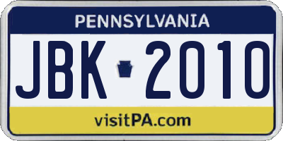 PA license plate JBK2010
