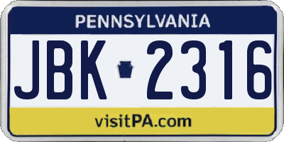 PA license plate JBK2316