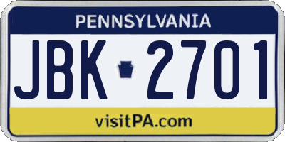 PA license plate JBK2701