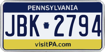 PA license plate JBK2794