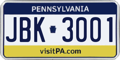 PA license plate JBK3001