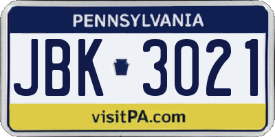 PA license plate JBK3021