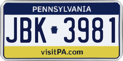 PA license plate JBK3981
