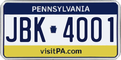 PA license plate JBK4001