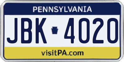 PA license plate JBK4020