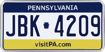 PA license plate JBK4209