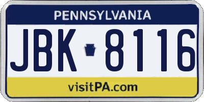 PA license plate JBK8116