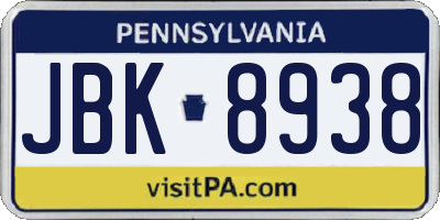 PA license plate JBK8938