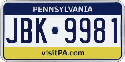 PA license plate JBK9981