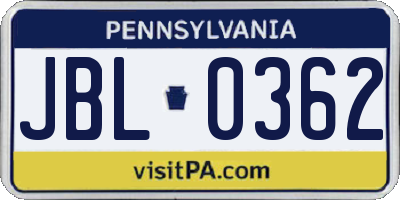 PA license plate JBL0362