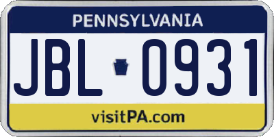 PA license plate JBL0931