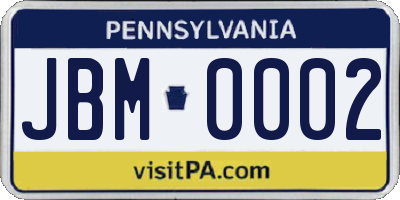 PA license plate JBM0002