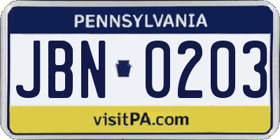 PA license plate JBN0203